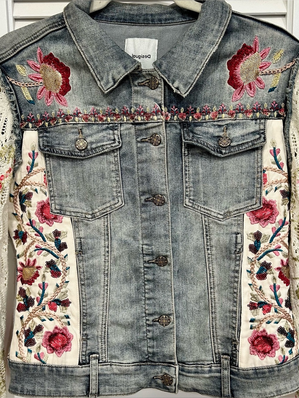 Desigual Floral Patch Jean Jacket Crochet Boho Festival Embroidery Small 38